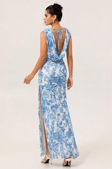 Fleur bleue col bénitier gaine impression longue robe de demoiselle d’honneur avec fente